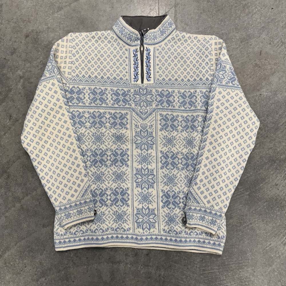 Dale of Norway Women's Ivory Blue Nordic Wool Half Zip Sweater Tile Size XL